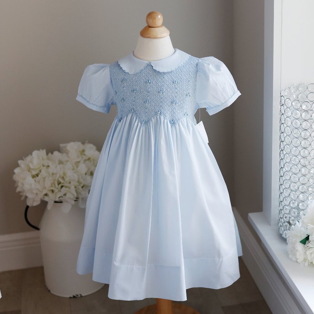 Blue Scalloped Pearl Smocked Dress Feltman Brothers Heirloom Traditional NWT